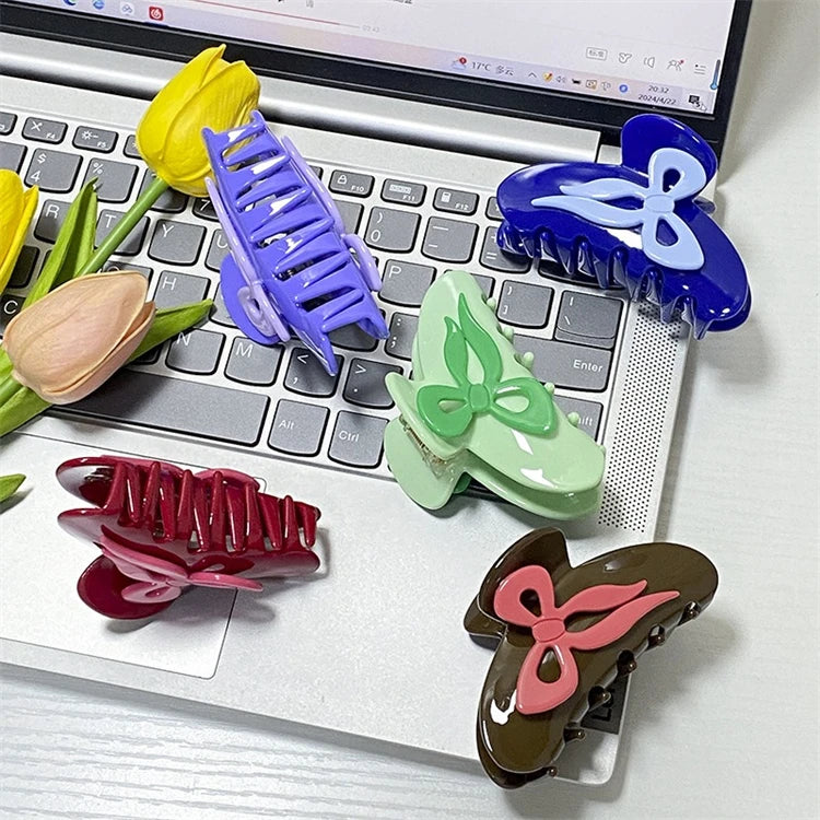 Solid Color Acetic Acid Bowknot Shark Claw Clip New Style Medium Size Acetate Cute Hairpins Smooth Hairgrips Unique Hair Clips