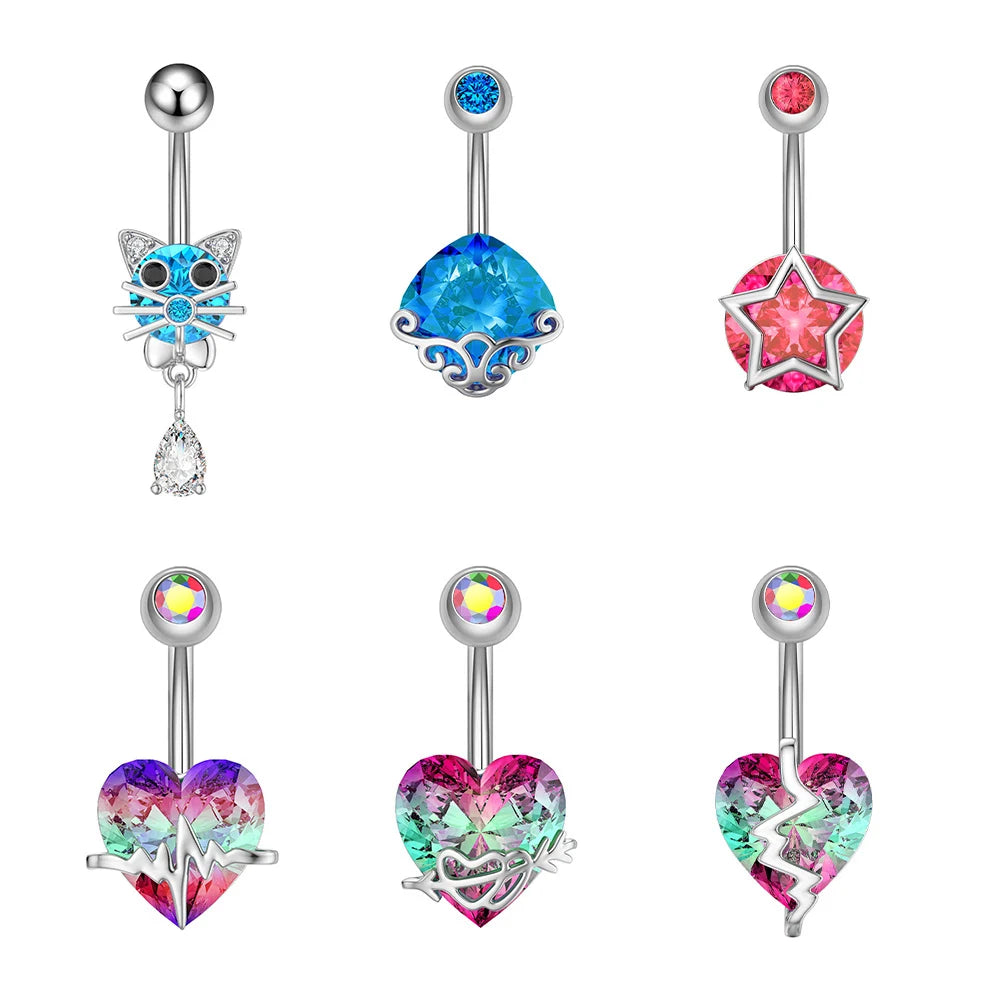 Set of 10 Surgical Steel bar Navel Rings Multicolored Zircon Cute Kitten Heart-shaped Band Drill Body Jewelry for Weddings