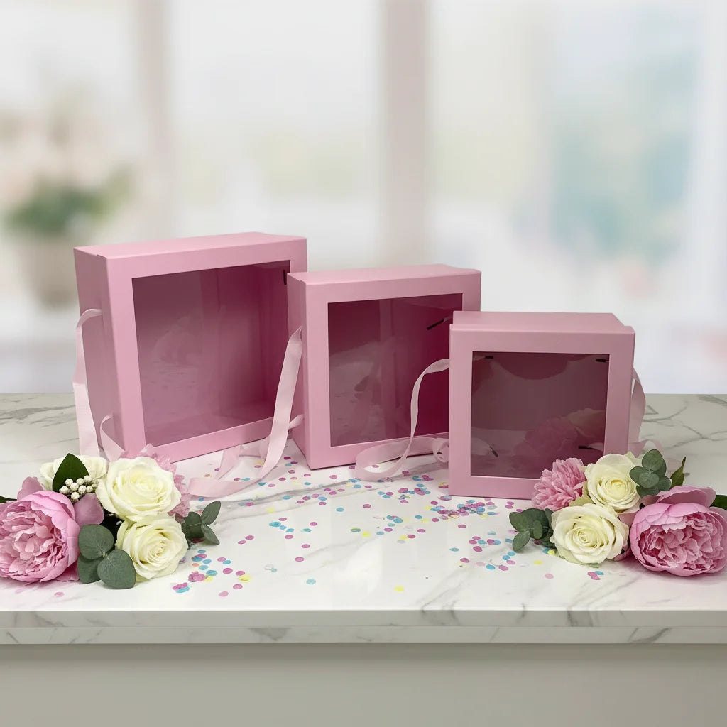 Stock (custom Accepted) High Quality PVC Transparent Lid Portable Fruit Box Set 3 square Gift Box Gift Package Box with Handle