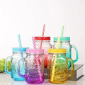 16oz Custom Embossed Letter Logo Reusable Colored Glass Mason Jar with Handle with Lid and Straw for Beverage Drinking