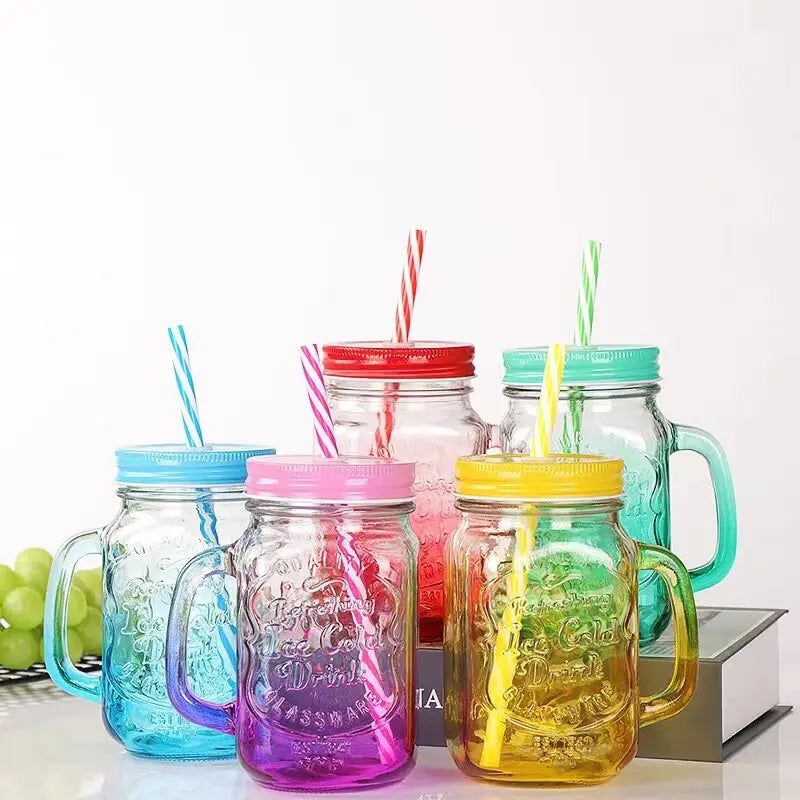 16oz Custom Embossed Letter Logo Reusable Colored Glass Mason Jar with Handle with Lid and Straw for Beverage Drinking