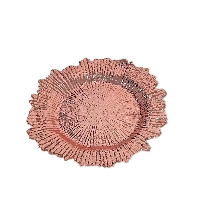 Rose Gold Floral PP Plastic Charger Plates Eco Friendly Round Reef Sponge Decor Plates for Wedding Party Table Decoration