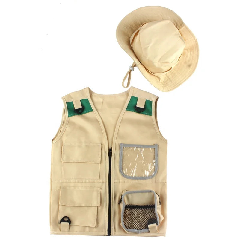 Kids Pretend Play Comfortable explorer Vest Costumes Role Play Dress up Cloth and Hat for Outdoor Adventure explorer Activity