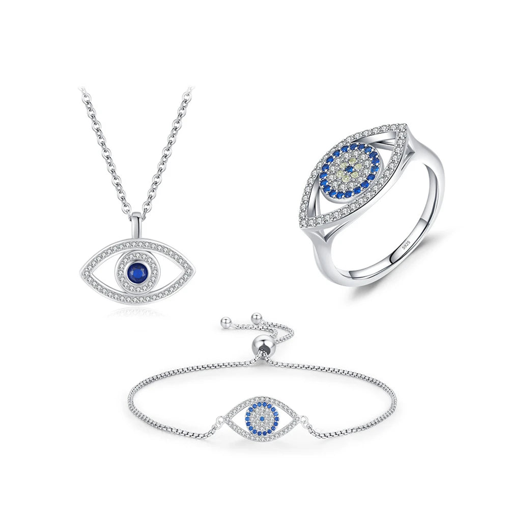 Daidan Set Jewelry Women Fine Jewelry Blue Eye 925 Silver Zircon Evil Eyes Jewelry Set