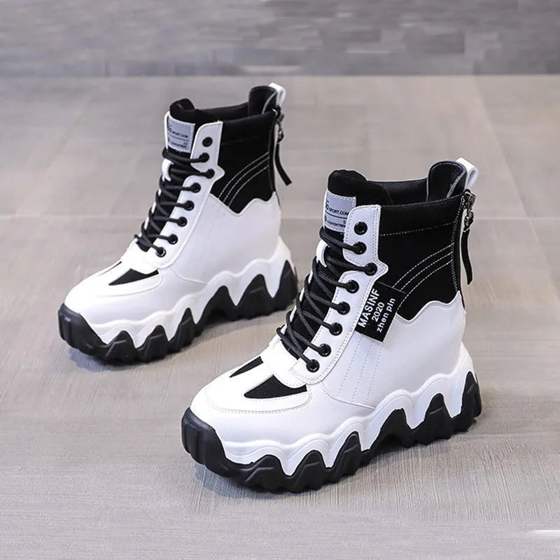 Autumn New Thick Bottom Inner Heightening Old Shoes Fashion Round Toe Lace up High-top Casual Sports Shoes Women