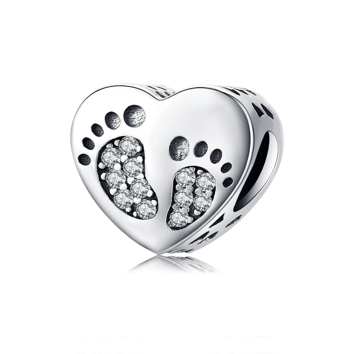 Genuine 925 Sterling Silver Footprints Heart Beads Zircon Charms Fit Original Bracelet Pendant for Women Jewelry SCC1395