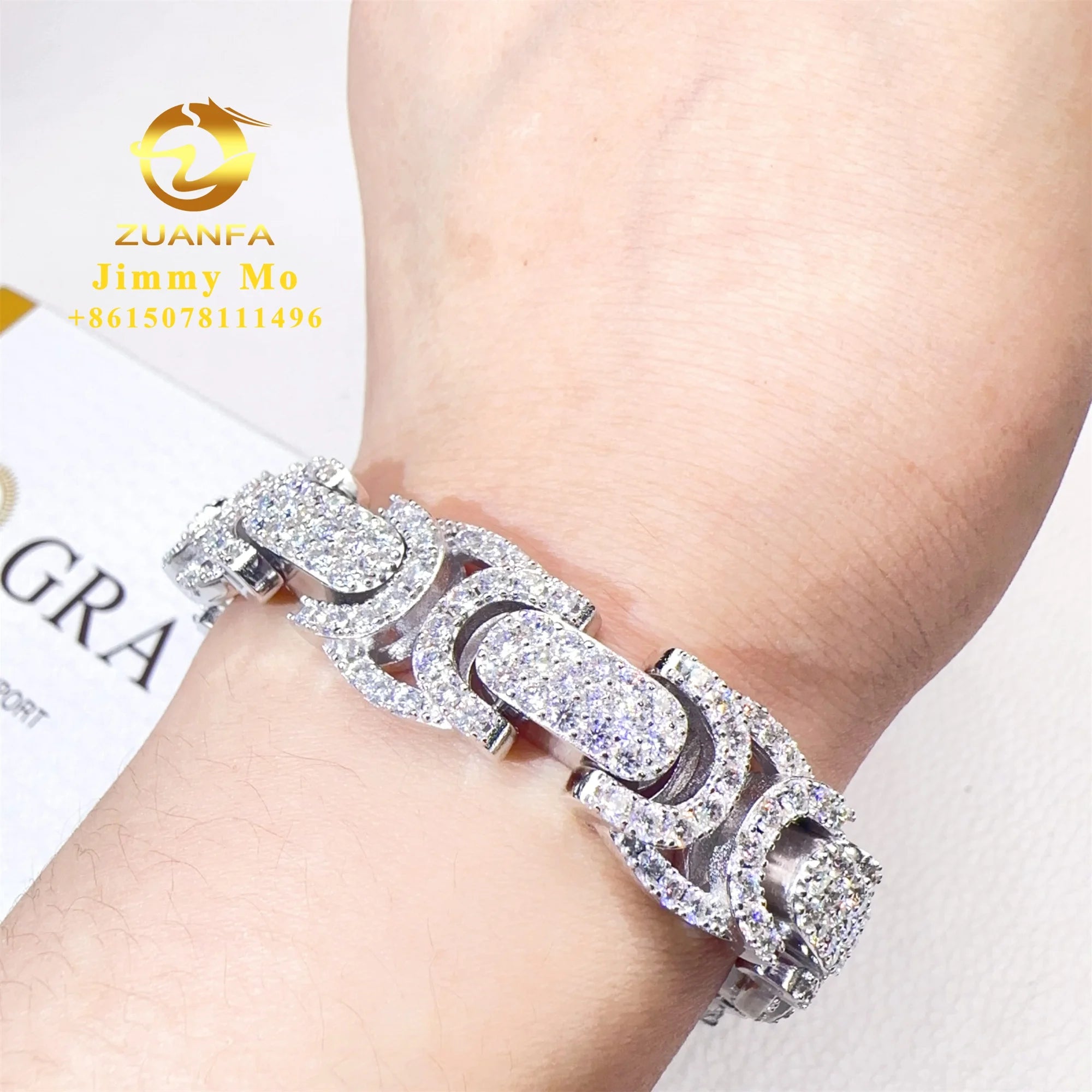 New Design 15mm Fashion Fire Shining Jewelry 925 Solid Silver Iced Out Hip Hop Moissanite Diamond Cuban Link Chain Bracelet Men
