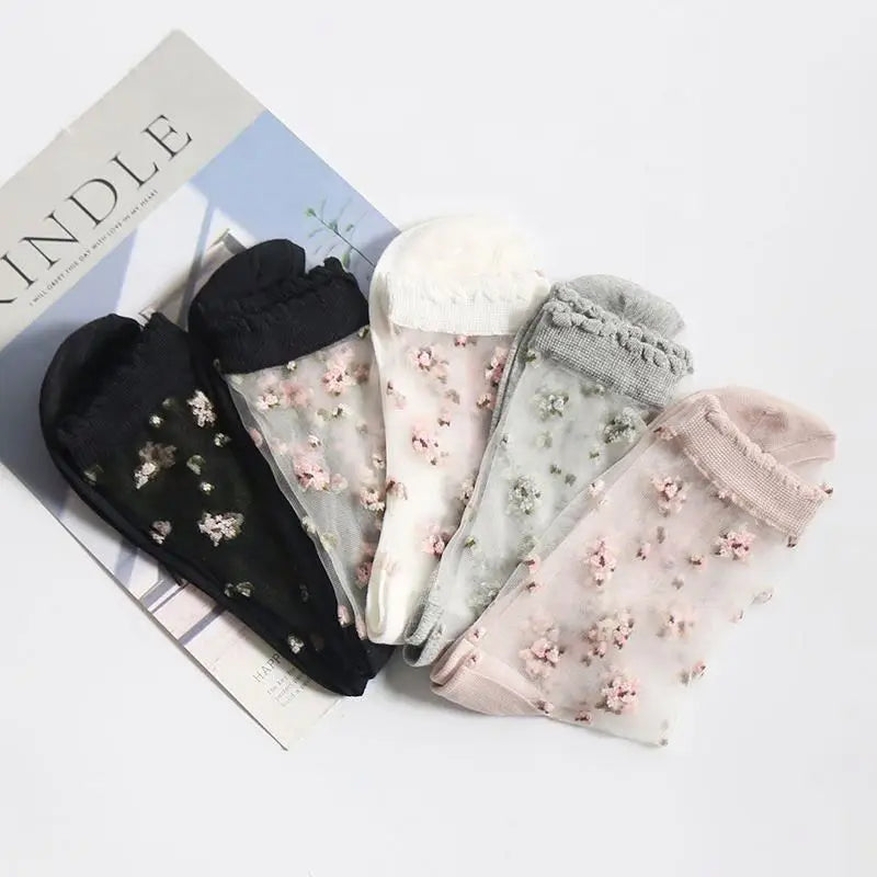 BD-S242 Women's Summer Floral Transparent Sock Beautiful Thin Breathable Crystal Flower Pattern for Daily Use