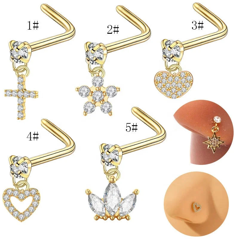 Gaby New Arrive  L Shape Dangle Nose Ring  Cross Heart Design Nose Ring Stainless Steel Fashion Jewelry Piercing Jewelry