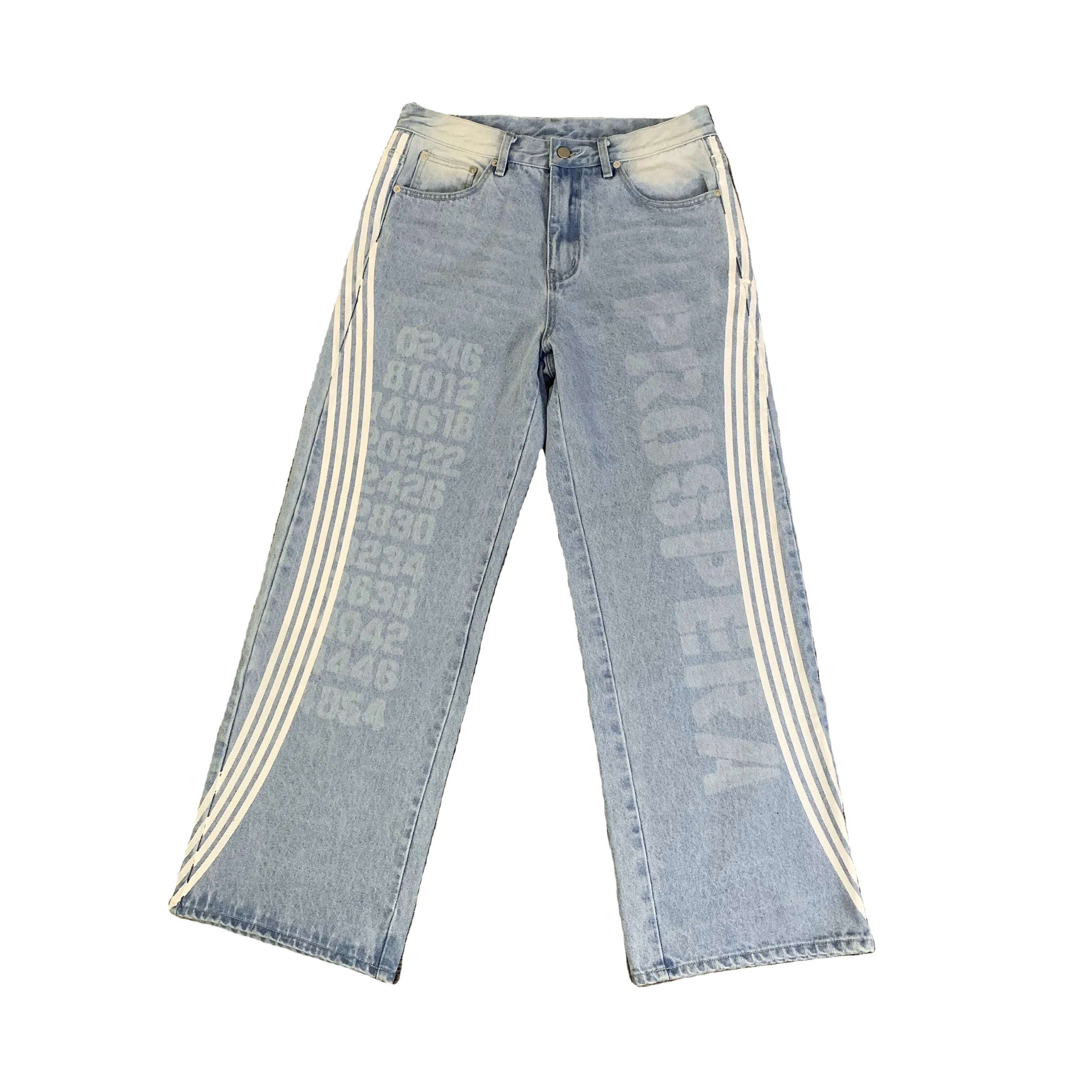 DENIMGUYS Custom Baggy Jeans Men Ribbon Stripe Denim Wash Denim Blue Wide Leg Designer Jeans