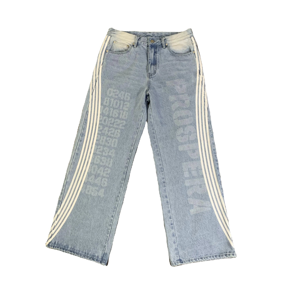 DENIMGUYS Custom Baggy Jeans Men Ribbon Stripe Denim Wash Denim Blue Wide Leg Designer Jeans