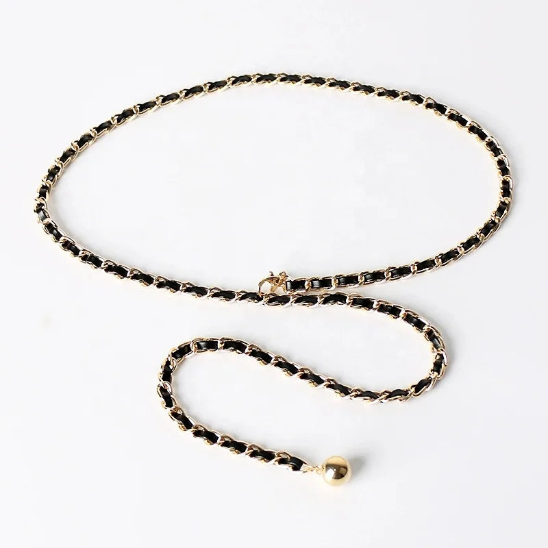 Ladies Soft Leather Alloy Pendant Belt Fashionable Decorative Metal Waist Chain Accessory