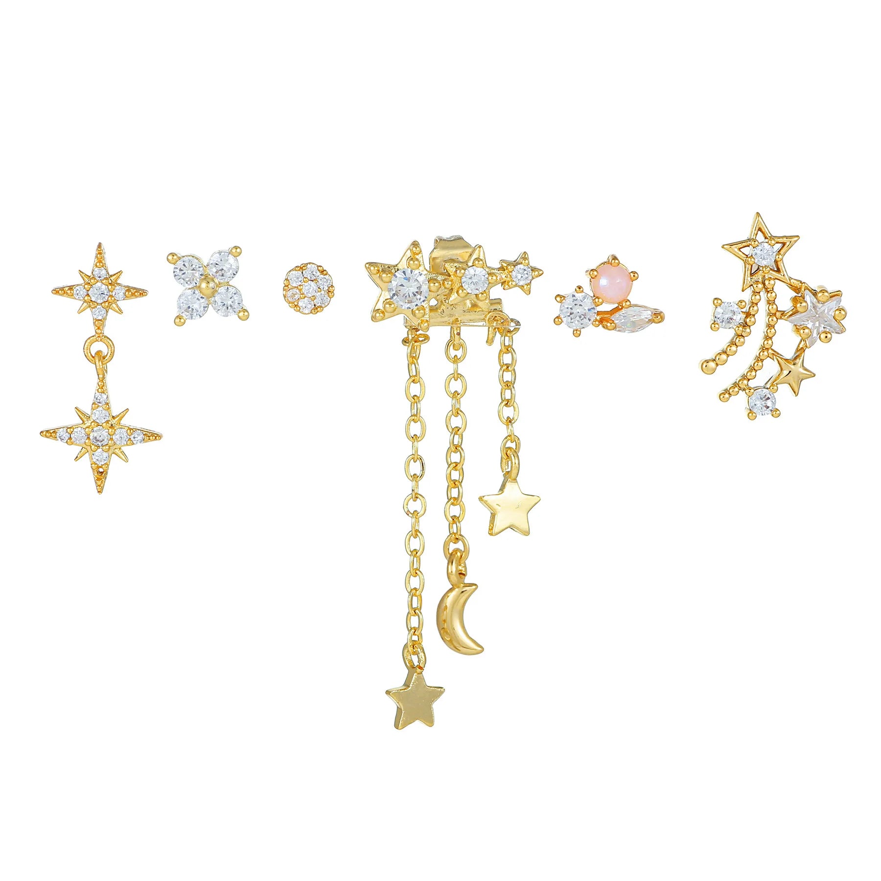 Wholesale S925 Silver Needle Niche Simple Moon Star Shaped Chain Earring Set Zircon Studs Korean 6pcs Girls 18k Earring