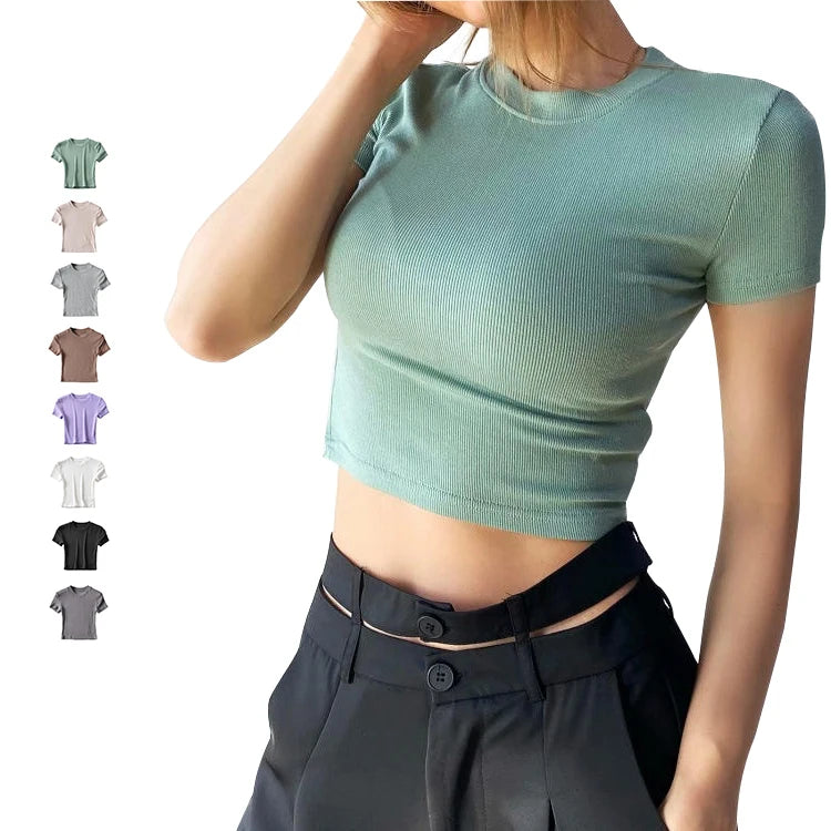 Women's Custom Logo Crop Top Eco-Friendly Embroidered Ribbed Knitted T-Shirt Summer Casual White Shirt with Plain Dyed Technique