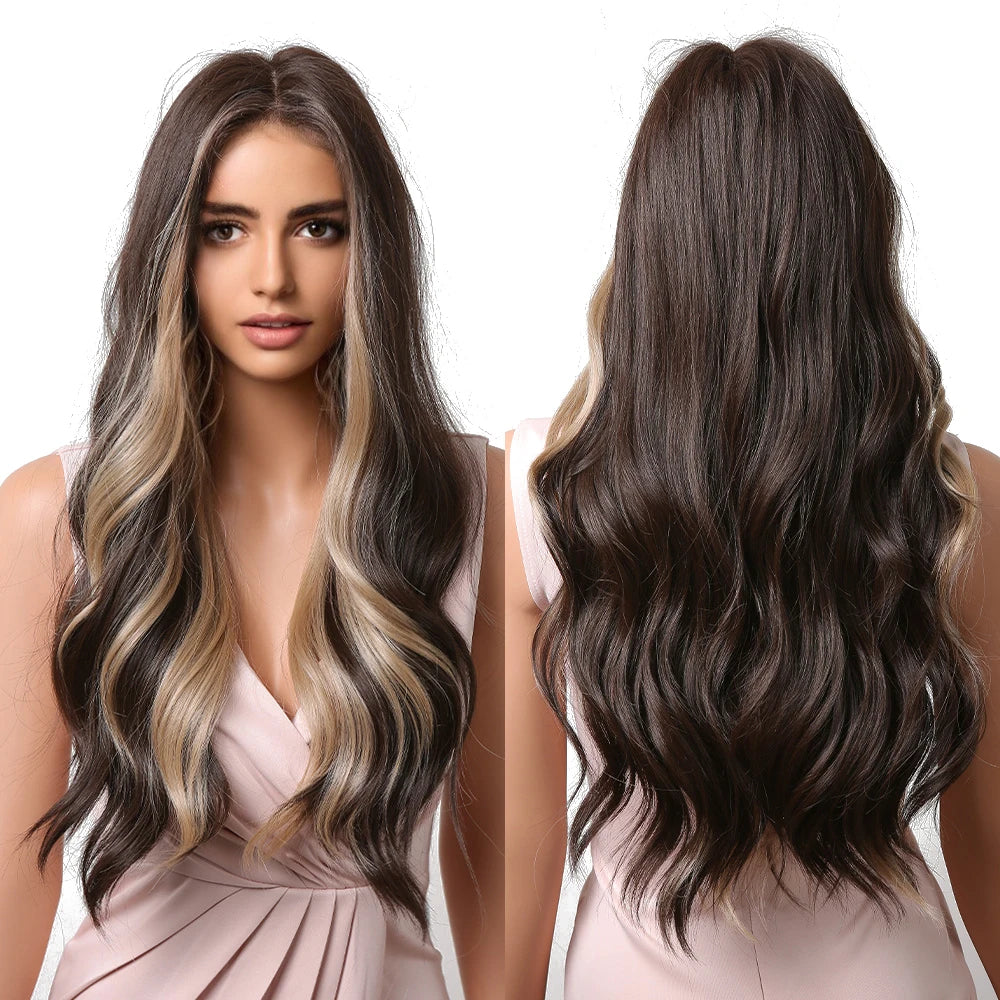 Fast Delivery Long Dark Brown Wave Synthetic Wig Highlight Blonde Wigs for Black Women Daily Wig Heat Resistant Fiber