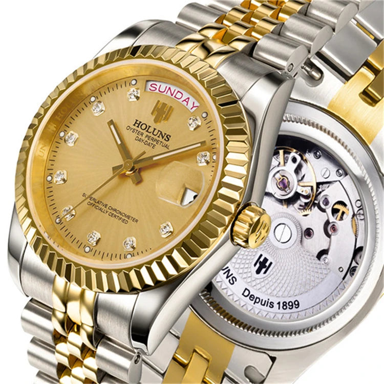 HOLUNS HLS001 Luxury Automatic Mechanical Men Gold Watches 2813 Movement Full Stainless Steel 50 Waterproof Wristwatch for Men