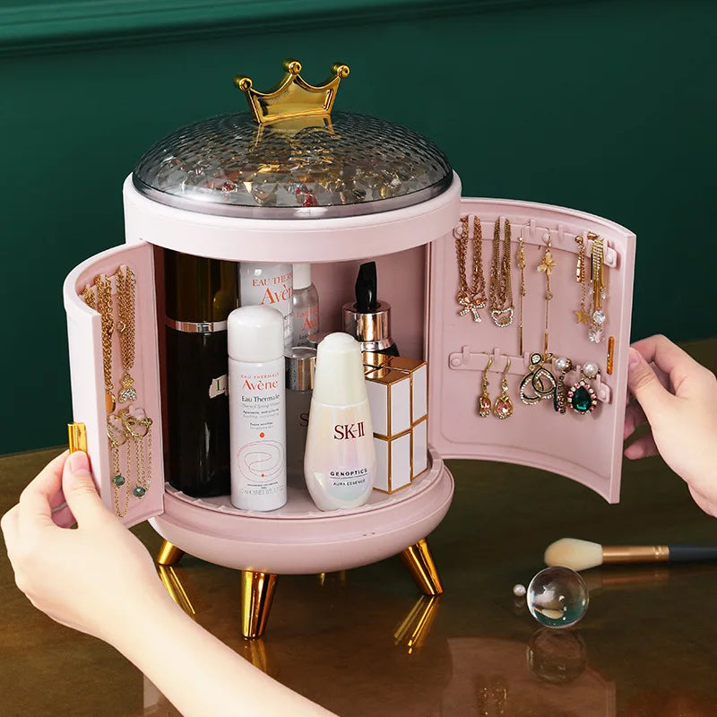 360 Degree Rotating Desktop Jewelry Holder Stand Rotary Shelf Magic Case Pink Plastic Makeup Organizer Cosmetic Storage Box