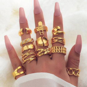 12Pcs/Set Fashion Punk Hip Hop Rings g Adjustable Hollow Out Rings Waterproof Gold Plated Stainless Steel Finger Ring Set