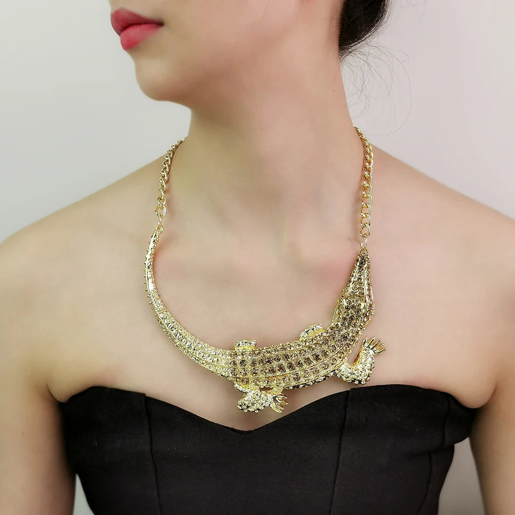 Exaggerated New Crocodile Statement Necklaces African Jewelry Fashion Rhinestone Animal Choker Necklace for Woman Accessories