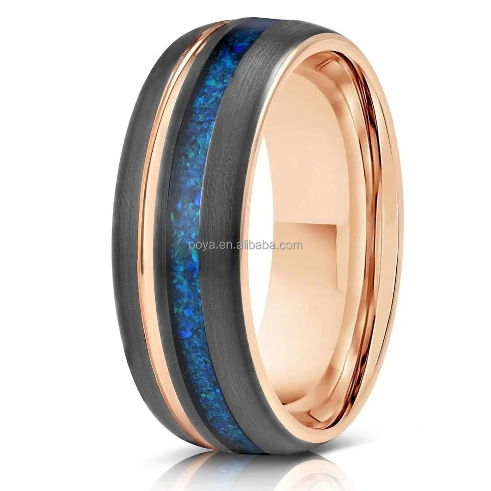 POYA 8mm Classic Blue Inlay Wedding Band Black and Rose Gold Tungsten Carbide Ring for Men and Women for Engagement Anniversary