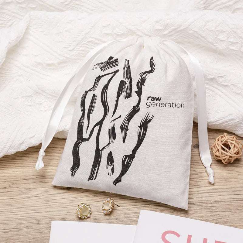 Eco Friendly Custom Logo White Large Canvas Bag for Cosmetic Double Drawstring Pouch for Clothing Dust Bag for Underwear