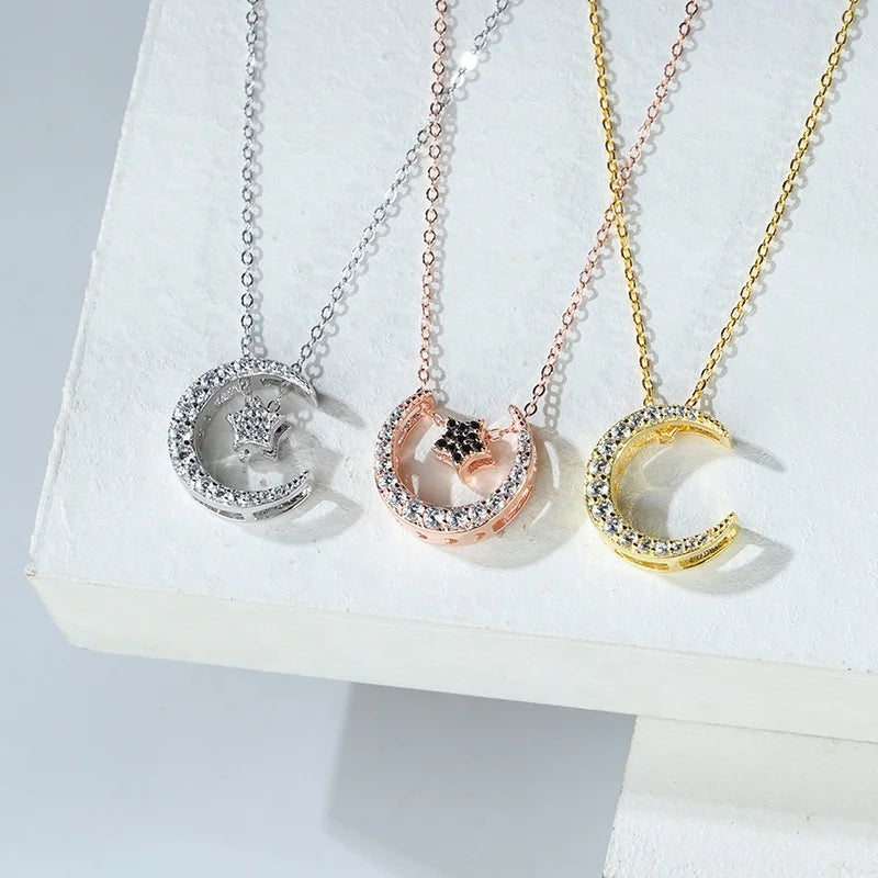 Isunni Sterling Silver 925 Jewellery Star and Crescent Moon Clavicle Chain Necklace