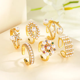 Joyeria Women Fashion Jewelry Rings Thumb Color 18K Gold-Plated Cz Cubic Zirconia Art Deco Style Brass Pearl Ring for Wholesale