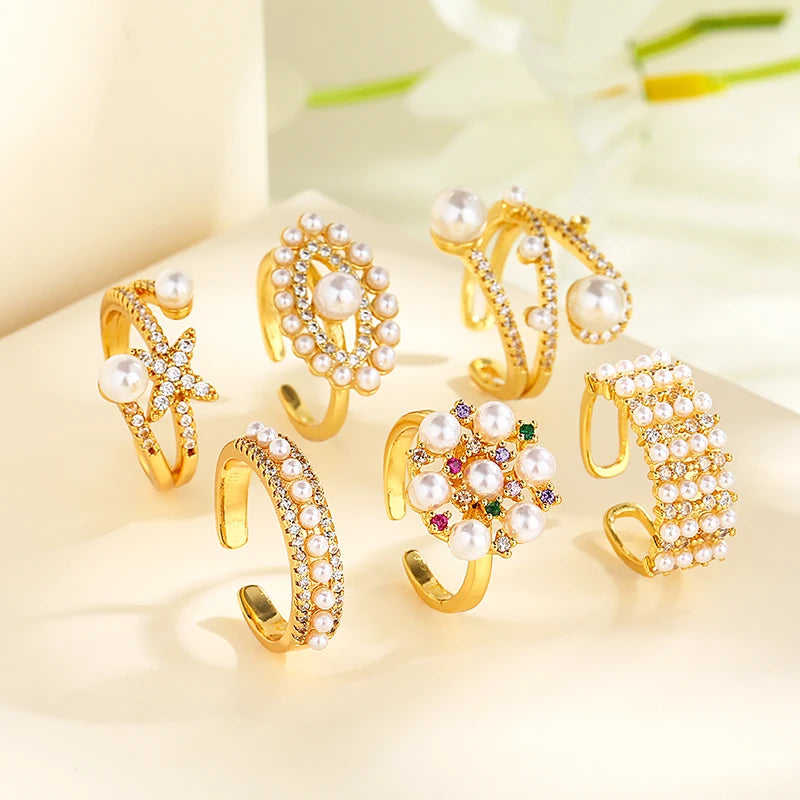 Joyeria Women Fashion Jewelry Rings Thumb Color 18K Gold-Plated Cz Cubic Zirconia Art Deco Style Brass Pearl Ring for Wholesale