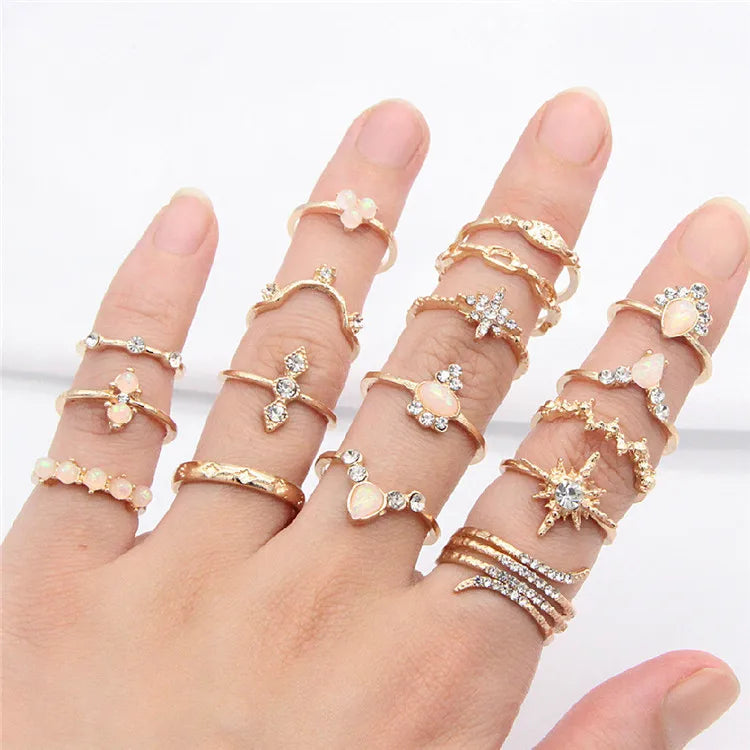 Hot Sale Bohemian Jewellery Style Diamond 17-piece Joint Ring Set Women Rings