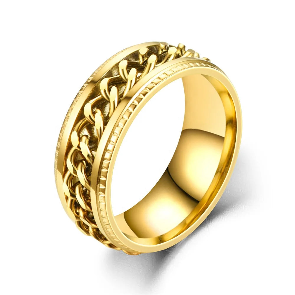 Men Hip Hop Punk Chain Design Turkish Three Color Jewelry Gold Plated Stainless Steel Rings
