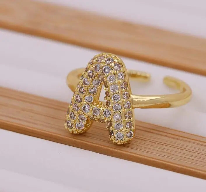 Hot-selling Zircon Ladies' Ring 18K Gold Plated Fashion Trendy Open A--Z Initial Letter Ring for Women