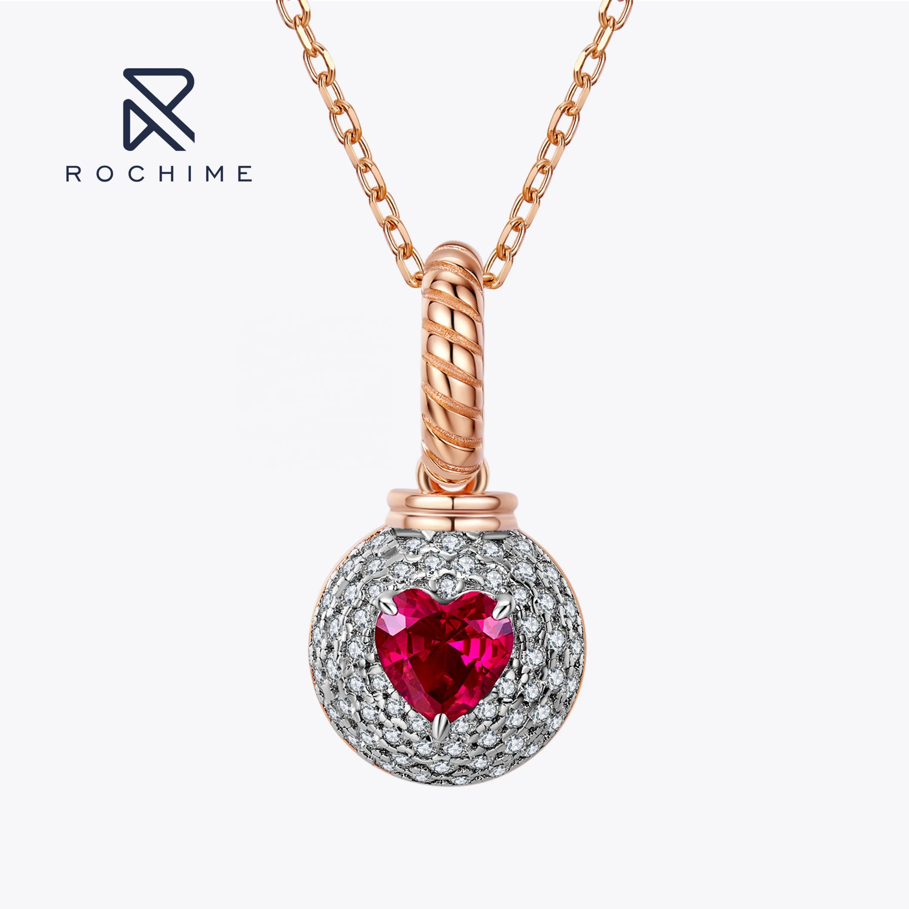 Rochime Fashion Jewelry Heart Red Diamond  Pendant Necklace 925 Silver Luxury Women Fine Zircon Jewelry  Necklaces
