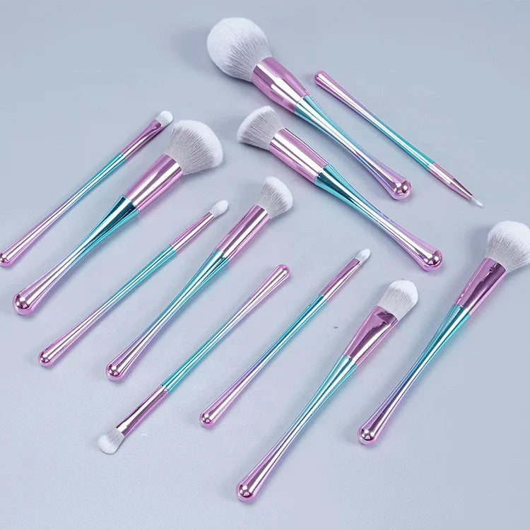 High End Hot Selling Customized Top Rated  Gradient Color Plastic Handle Synthetic Hair 11pcs Makeup Brush Gift Set With PU Bag