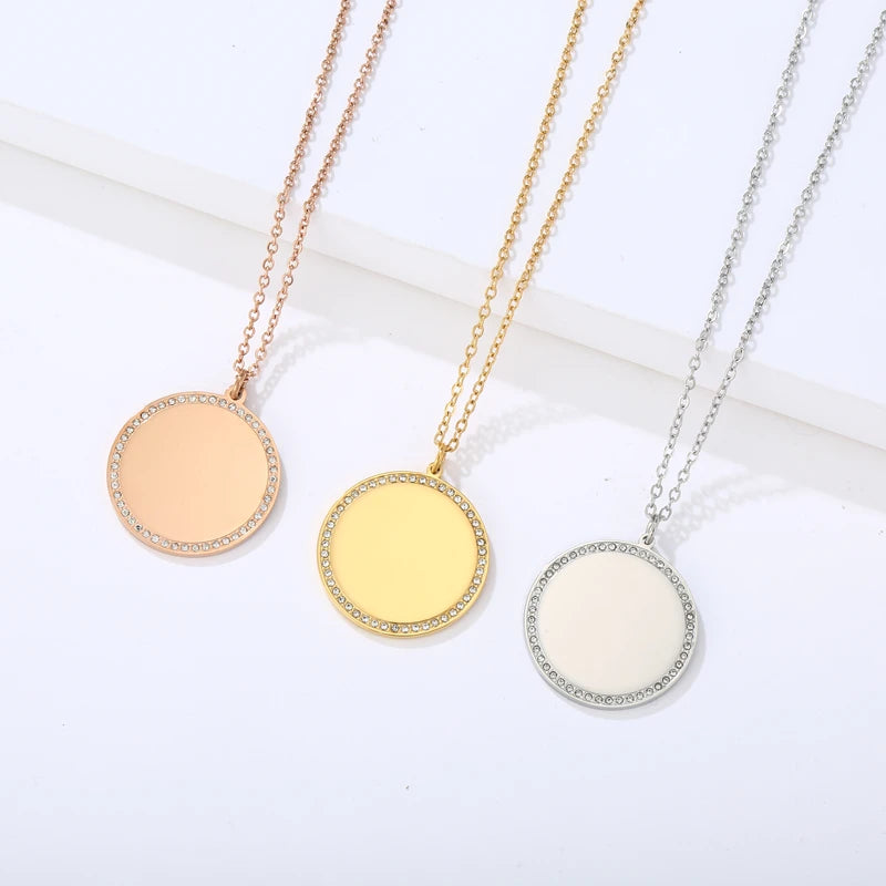 Low MOQ Custom Engraving Laser Logo Name Pattern Stainless Steel Enamel Gold Plated Pendant Necklace for Women Men