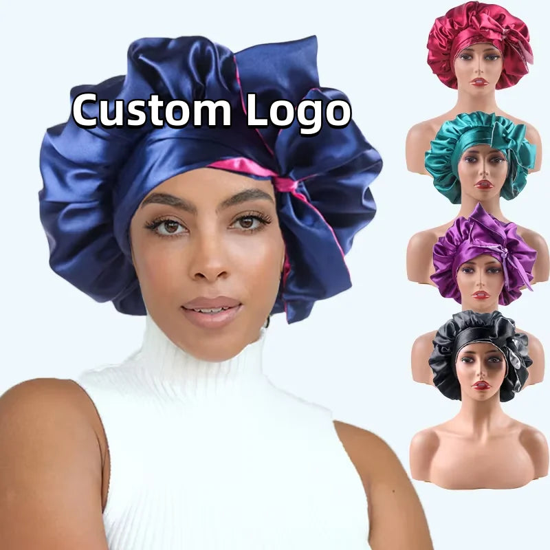 High Quality Night Sleep Cap Women Hair Double Layer Reversible Silk En Satin Bonnets With Head Wrap Tie Band