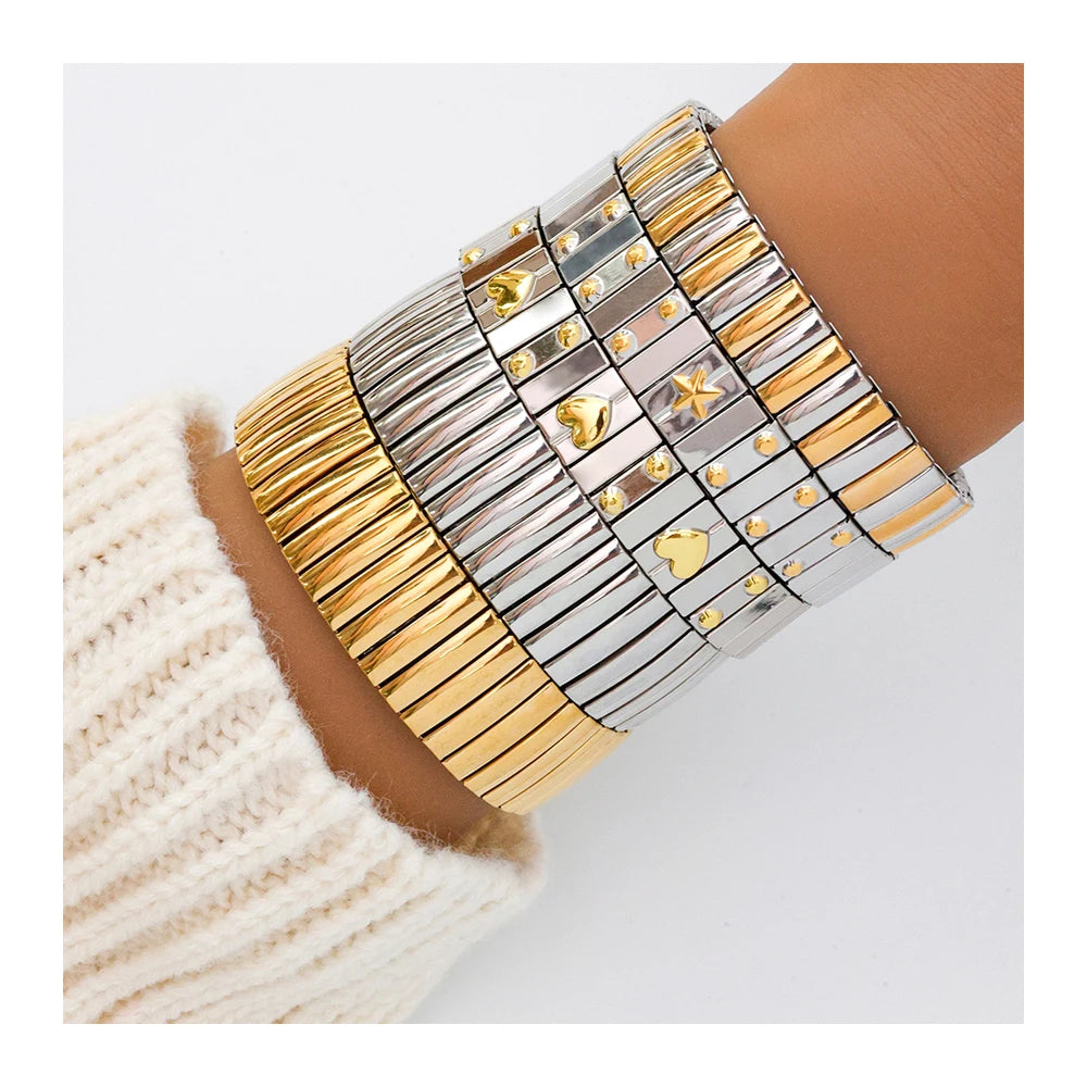 Hot Stainless Steel Elastic Bracelet Love Pentagram Zircon Two Tone Waterproof Bracelets YF3905