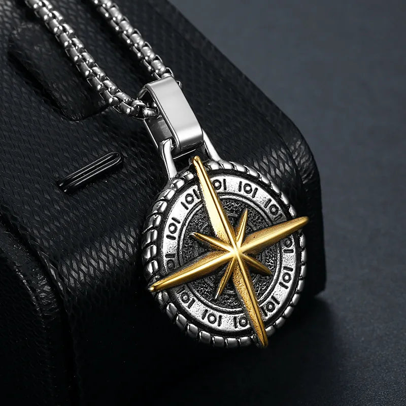 Wholesale Stainless Steel Square Pearl Chain Necklace Men Fashion Jewelry Necklaces Compass Pendant Necklace
