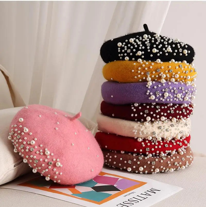 Korean Style Pearled Rhinestone Beret Hat Casual Fashion Female Winter Beanies Plush Cashmere Wool Beret Hat for Women Girls Hat