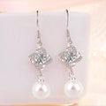 Huitan Romantic Women Pure Flower Zircon Pearl Drop Dangle Earrings Girls Lady Lovely Silver Sweet Earrings Pearl