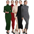 Top-ranking Casual Dresses Women Solid Color High Neck Long Sleeve Party Bodycon Turtleneck Dress