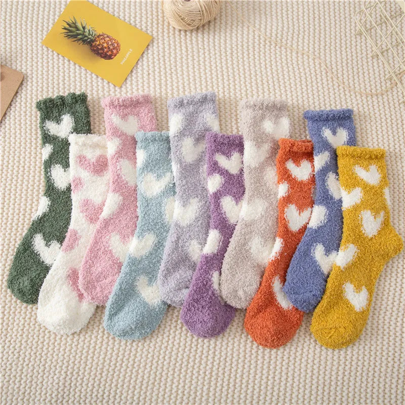 Love Women Cozy Crew Socks Winter Sleep Bed Floor Home Fluffy Socks Coral Velvet Heart Pattern Fuzzy Christmas Coral Fleece Sock