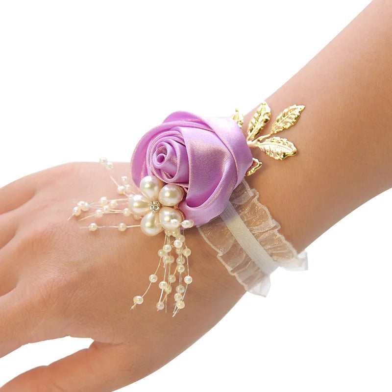 Wedding Bridal Bridesmaid Silk Wrist Flower Bracelet Wristband Gold Leaf