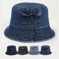 Wholesale Foldable Washed Distressed Denim Cotton Blank Bucket Hats With Pocket Custom Embroidered Logo Blank Retro Caps
