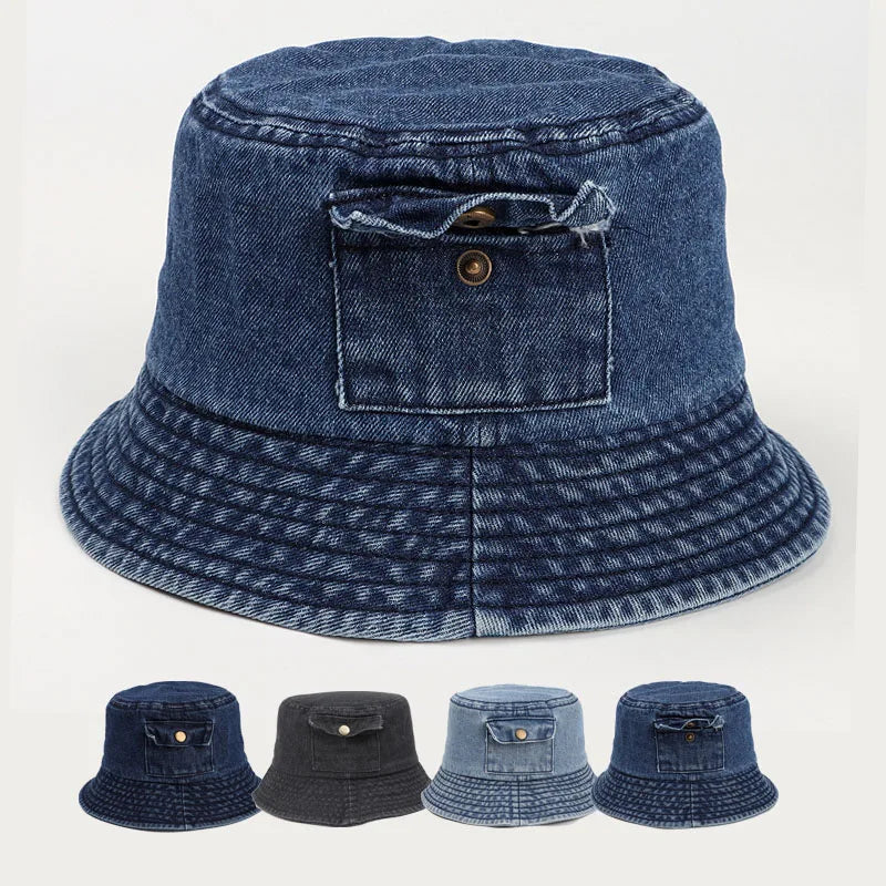 Wholesale Foldable Washed Distressed Denim Cotton Blank Bucket Hats With Pocket Custom Embroidered Logo Blank Retro Caps