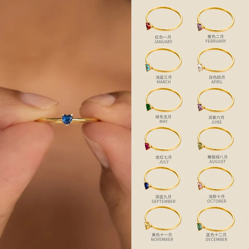 18K Gold Plated Stainless Steel Colorful Heart Zircon Ring Wedding Birthstone Ring Vintage Fashion Jewelry for Women Wholesale