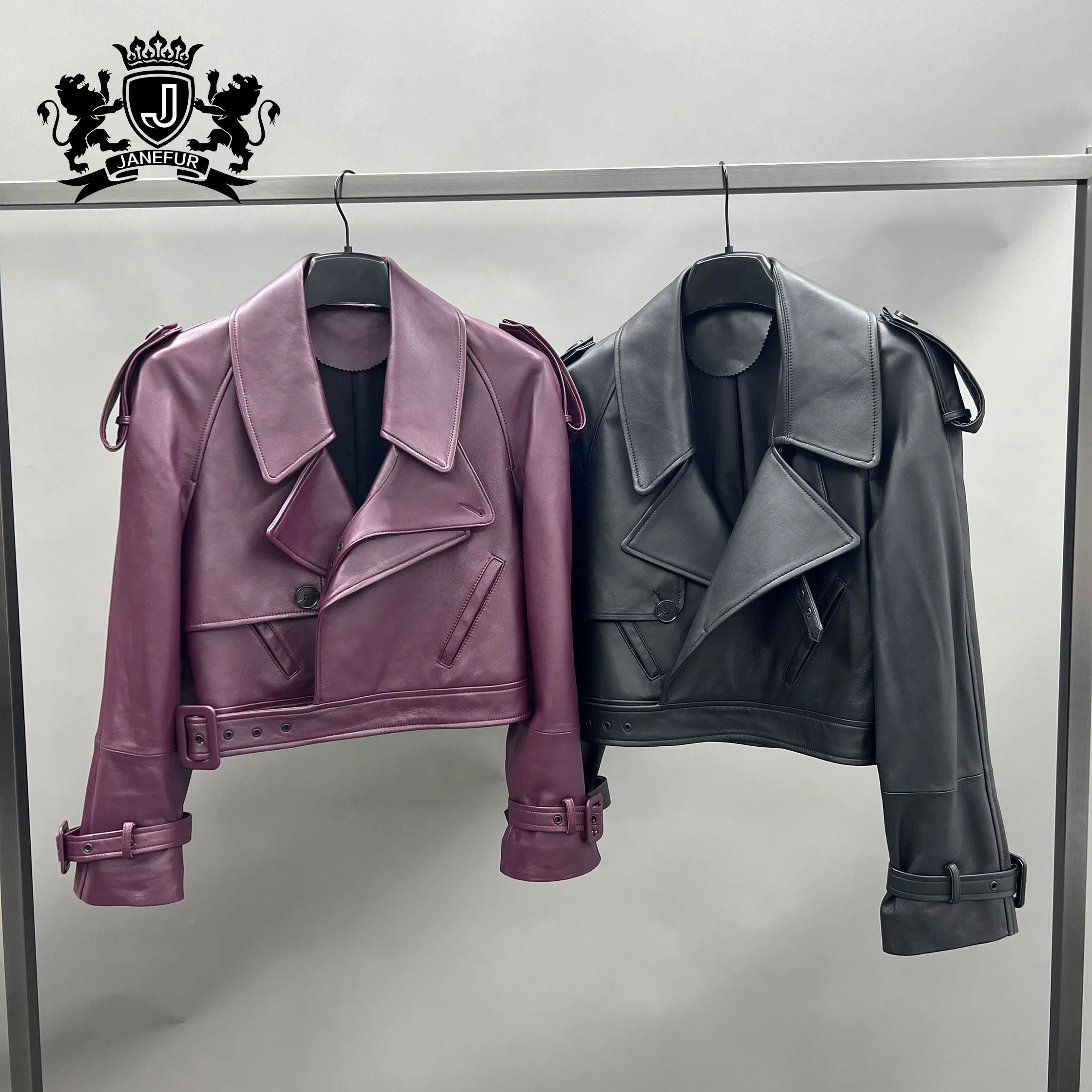Janefur Short Biker Top Design Womens Leather Jacket Coat Sheepskin Suit Trench Coat