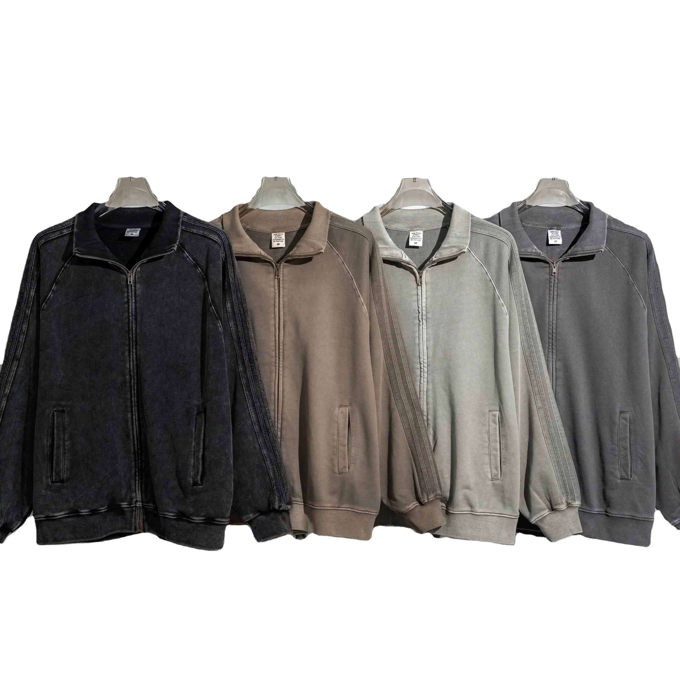 2023 Winter New Design Oversized Acid Wash French Terry 100% Cotton 420gsm Heavyweight Windproof Breathable Zip Stand Collar