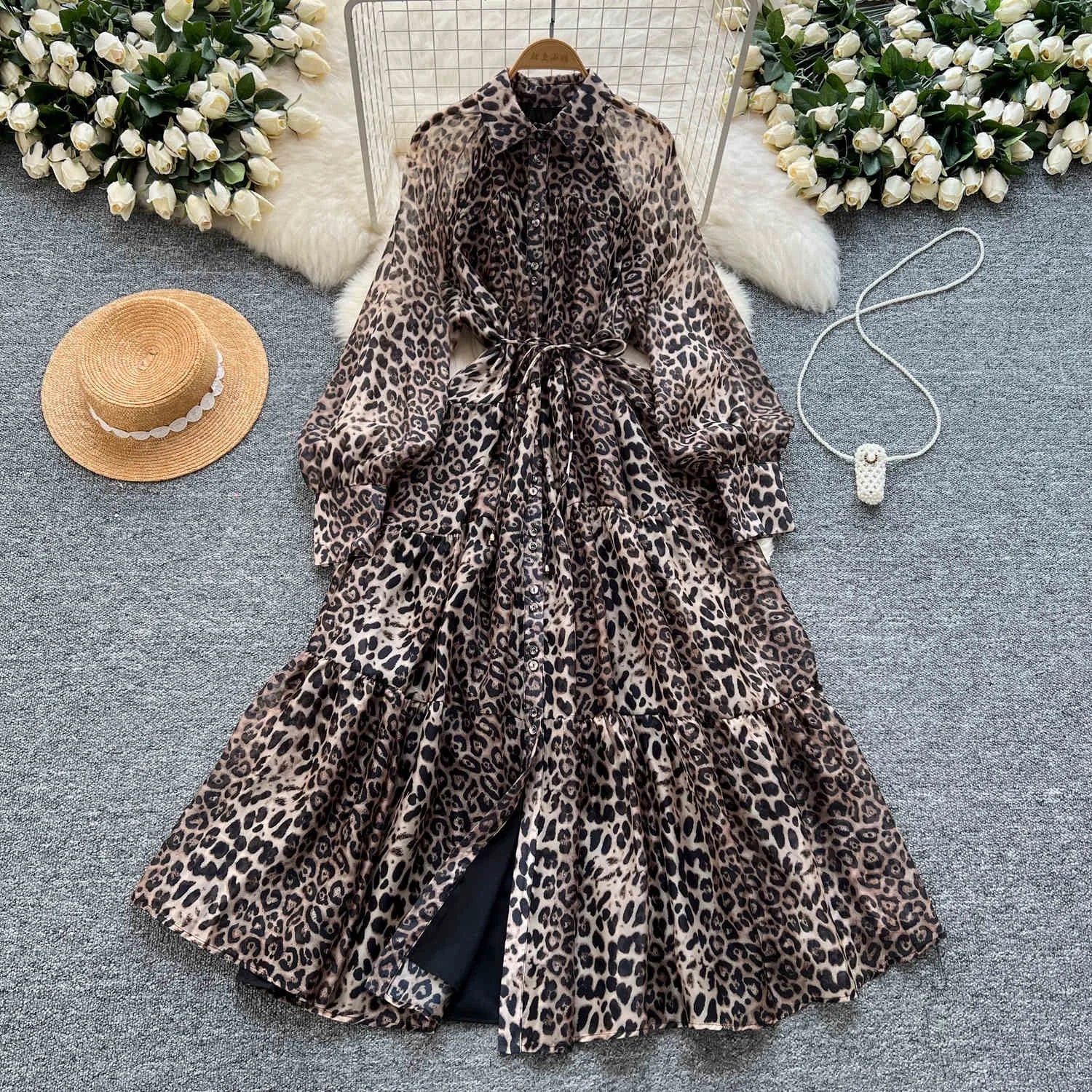 Women's Fall Waist Slimming Premium Feeling Mesh Swing Long Leopard Print Dresses