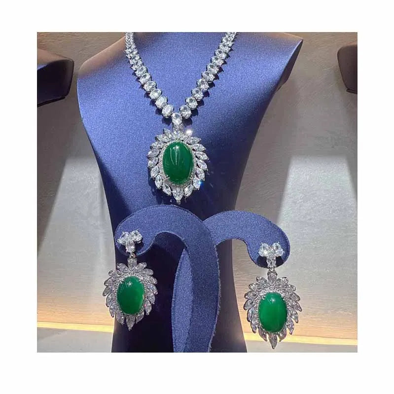 Delicate Jewelry Sets Creative Design Green Emerald Stone Pendant Tennis Necklace Dubai Jewelry Sets