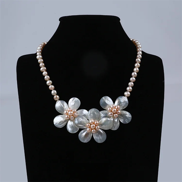 Zhuji Pearl Bohemia Style 5-6mm Potato Freshwater Pearl Flower Mother of Pearl Shell Necklace and Earring